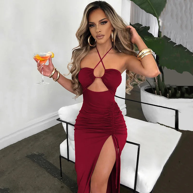 Vestido midi sexy para mujer, sin mangas y con espalda descubierta; estilo ajustado (bodycon) ideal para fiestas y discotecas.