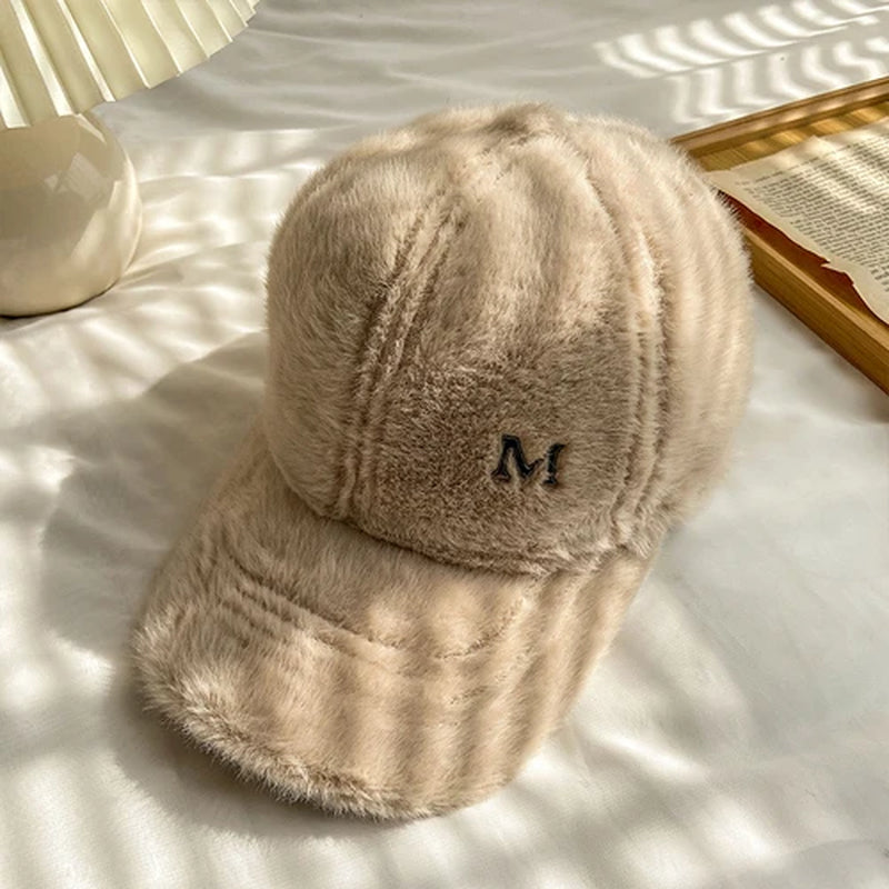 M Letter Rabbit Fur Blended Cap Ins Tide Brand Female Autumn and Winter All-Match Plush Hat Suitable for Face Big Baseball Caps