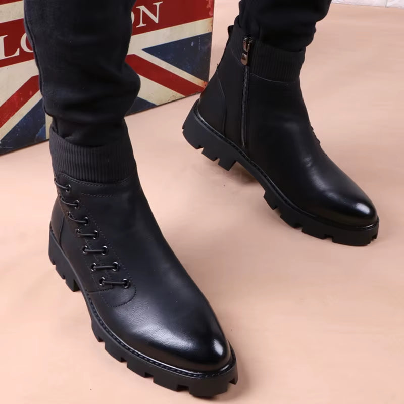 Italian Brand Designer Mens Leisure Cowboy Boots Natural Leather Platform Shoes Black Autumn Winter Ankle Boot Short Botas Male