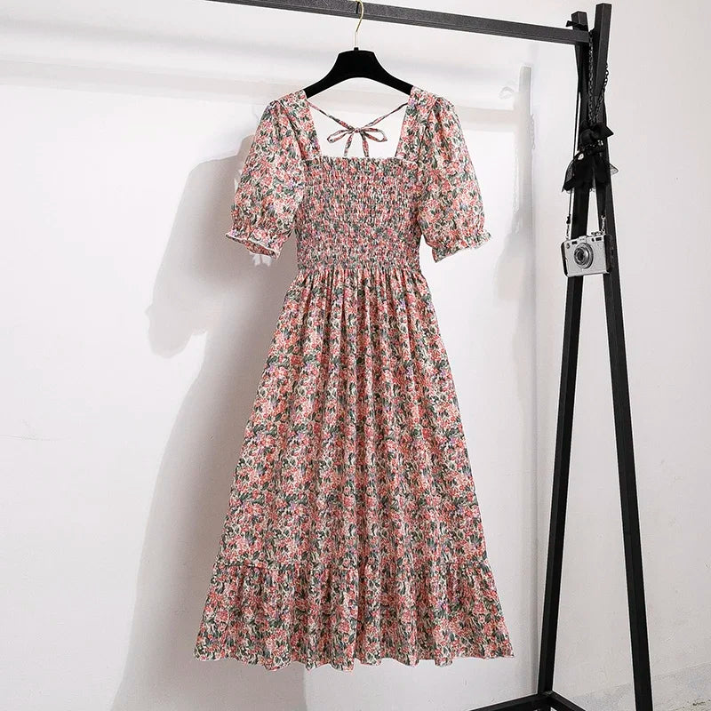 Vestido casual plisado de chifón para primavera-verano, con manga corta y cintura elástica; vestido estilo línea A para mujer.