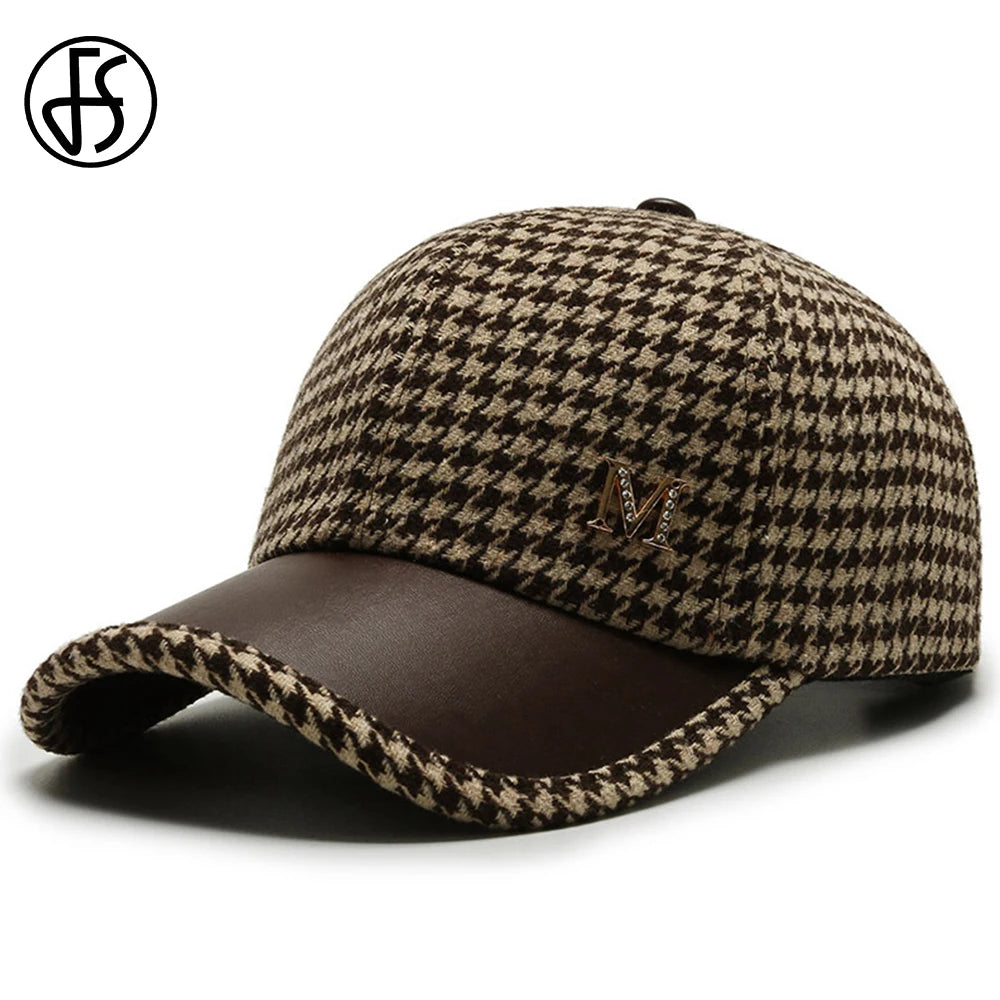 Luxury Brown British Plaid Baseball Caps for Men Vintage Houndstooth Women Hat Winter Street Trucker Cap Casuqettes Hommes