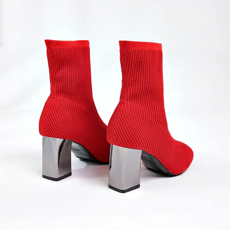 2022 New Fashion Ankle Boots Women Shoes Elastic Sock Boot Chunky High Heels Stretch Sexy Booties Pointed Toe plus 41 43