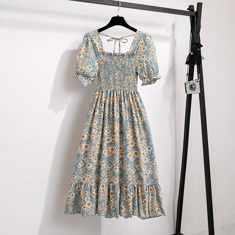 Vestido casual plisado de chifón para primavera-verano, con manga corta y cintura elástica; vestido estilo línea A para mujer.