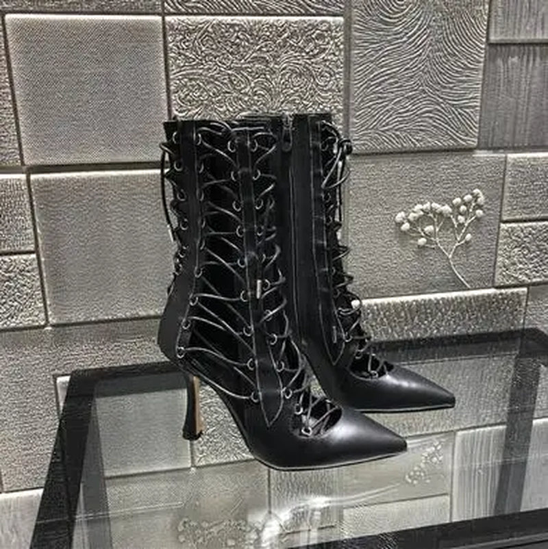 Women Sexy Black Pointed Toe Boots Female Cross-Tied High Heels Ankle Boots Girls Hollow Lace-Up Dress Solid Shoes