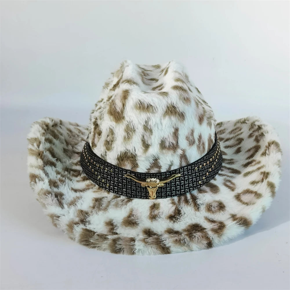 Sombrero vaquero elegante con estampado de leopardo y ala ancha; modelo de piel sintética para hombre y mujer, ideal para el invierno.