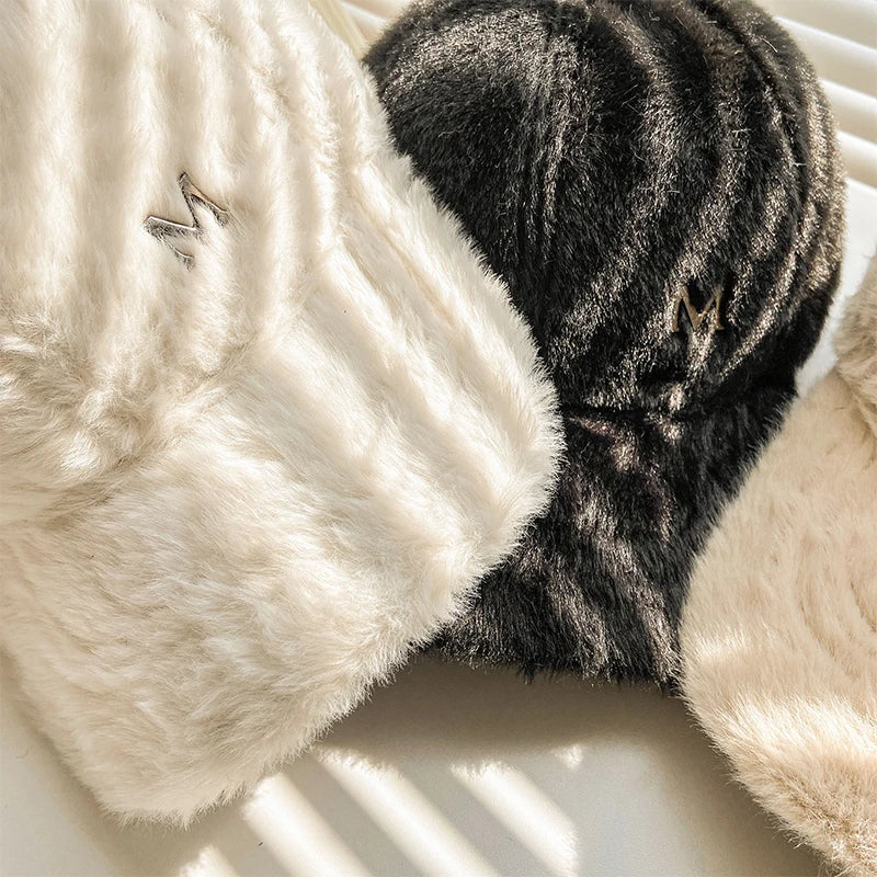 M Letter Rabbit Fur Blended Cap Ins Tide Brand Female Autumn and Winter All-Match Plush Hat Suitable for Face Big Baseball Caps