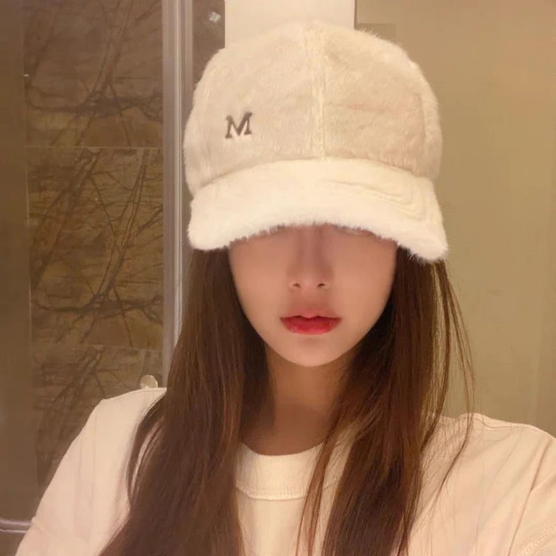 M Letter Rabbit Fur Blended Cap Ins Tide Brand Female Autumn and Winter All-Match Plush Hat Suitable for Face Big Baseball Caps