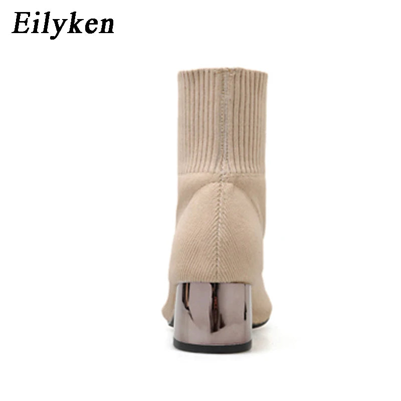 Eilyken Autumn Winter Knitted Stretch Fabric Socks Women Low Heel Short Boots Gray Pointed Toe Female Ankle Booties