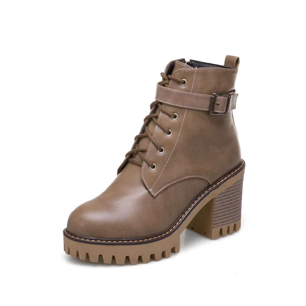 Boats Women 2026 New Winter Female High Heel Lace up Ankle Boots Buckle Platform Artificial Leather Ladies Shoes Zapatos Mujer