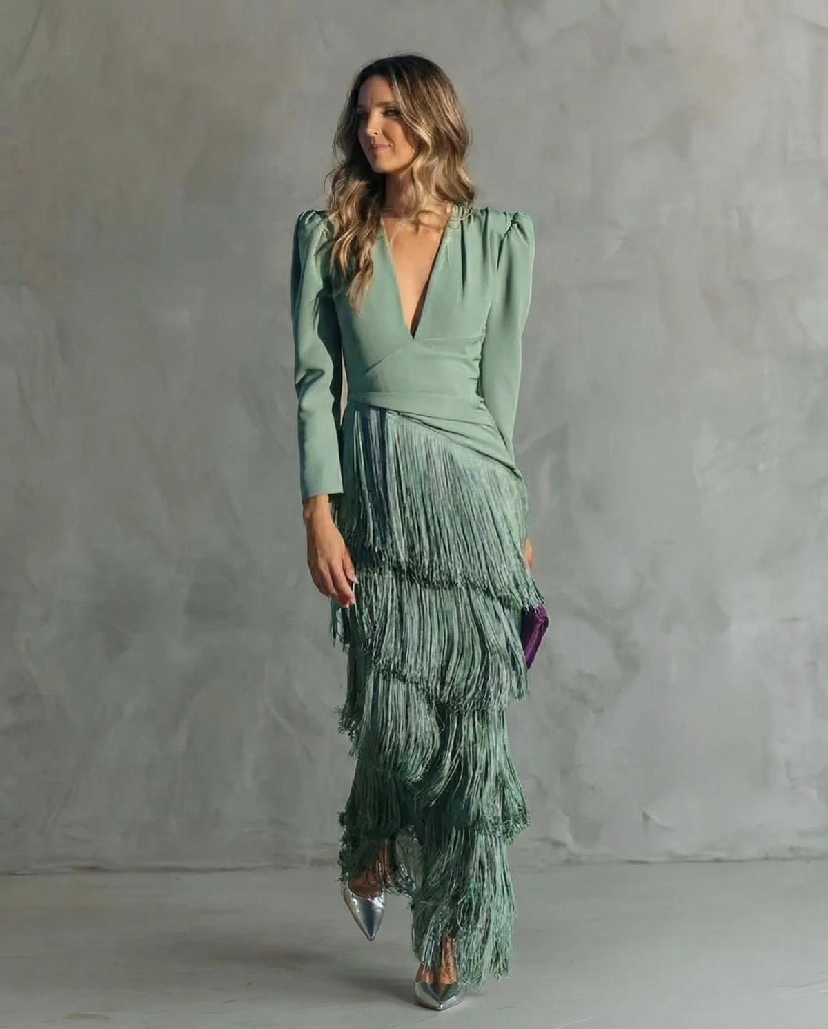 Vestido Mujer Midi Elegante Con Flecos – Vestido Manga Larga Sofisticado