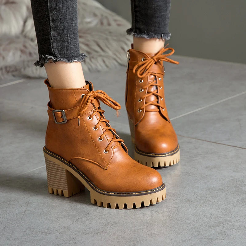 Boats Women 2026 New Winter Female High Heel Lace up Ankle Boots Buckle Platform Artificial Leather Ladies Shoes Zapatos Mujer