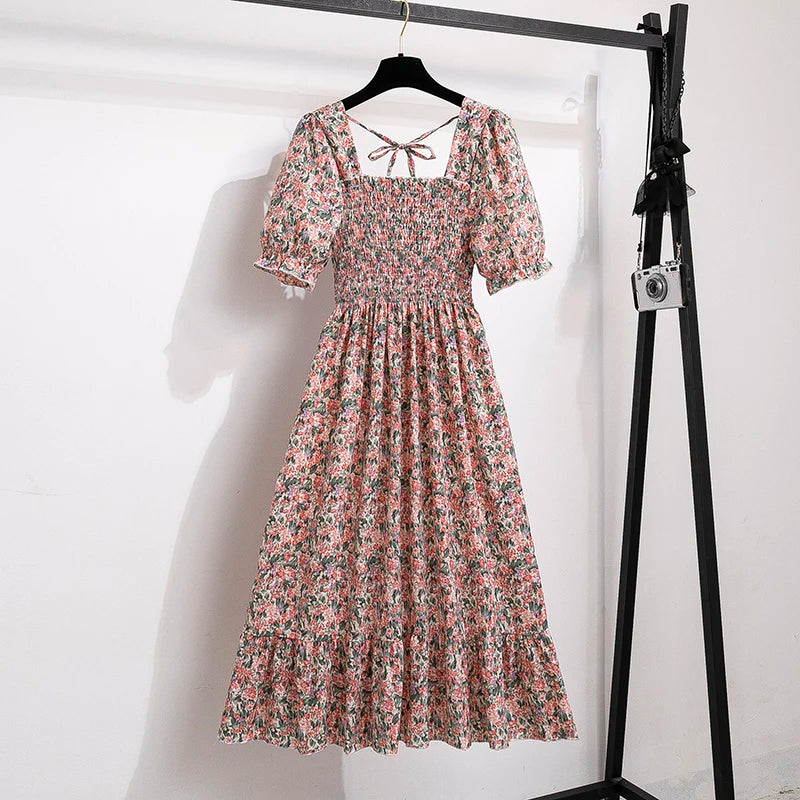 Vestido casual plisado de chifón para primavera-verano, con manga corta y cintura elástica; vestido estilo línea A para mujer.