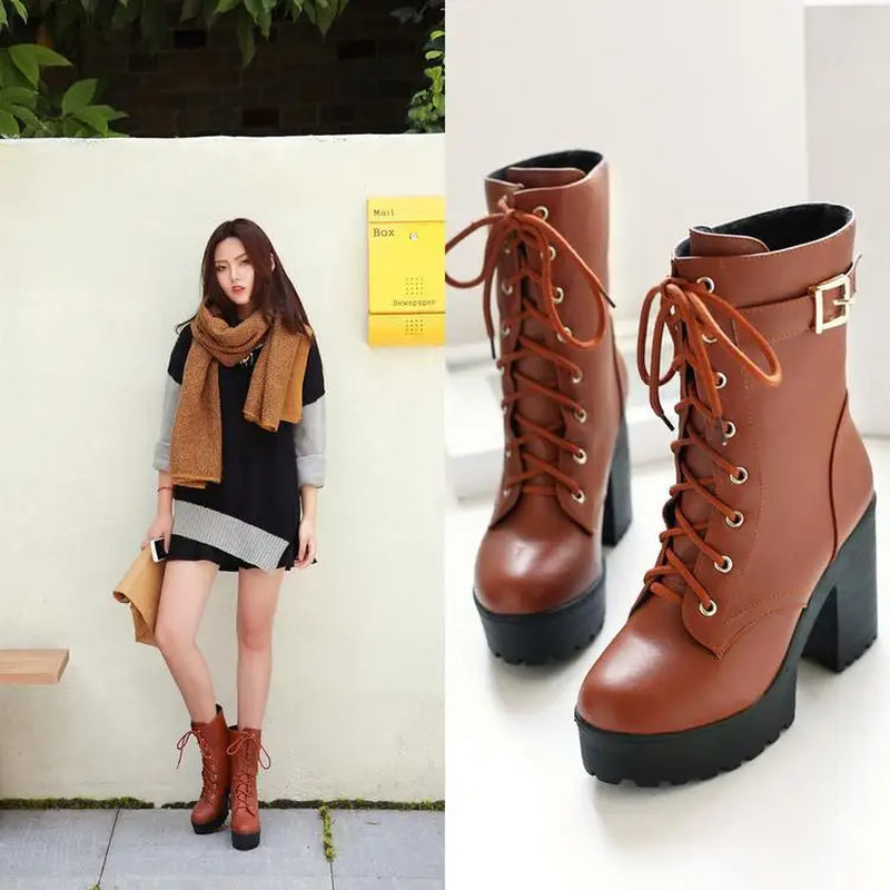 Spring Autumn Fashion Women Boots High Heels Platform Buckle Lace up Leather Short Booties Black Ladies Shoes Promotion 745