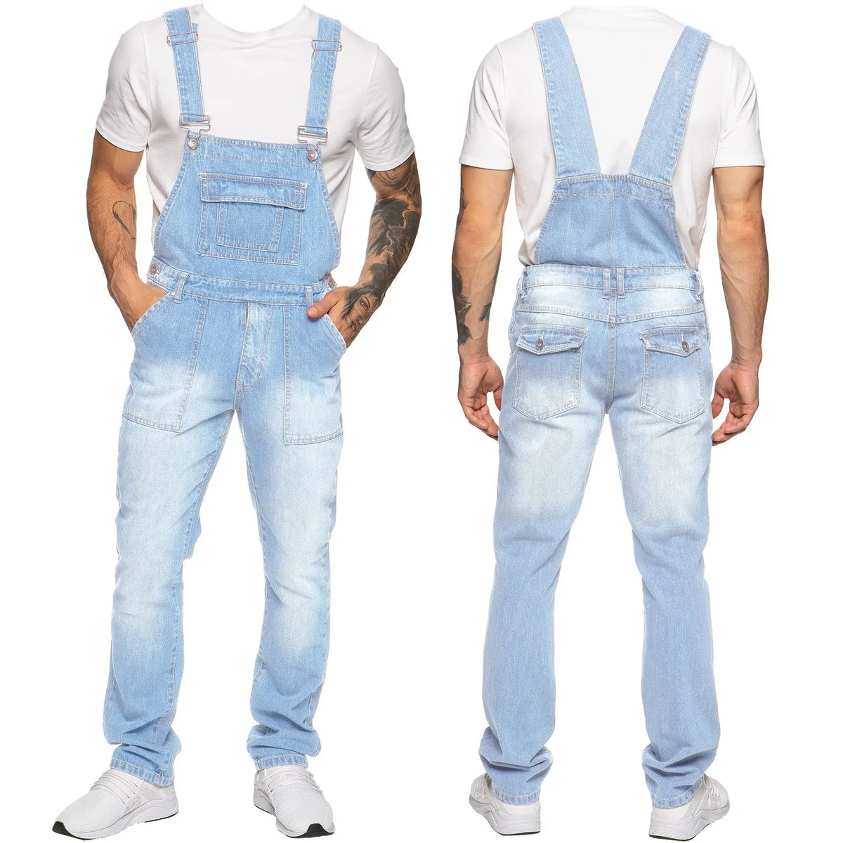 Peto vaquero casual para hombre, con múltiples bolsillos y corte ajustado elástico.