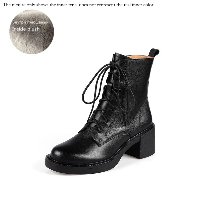 2026 Winter Genuine Leather Women Boots round Toe Thick Heel Lace up Fashion Ankle Boots Retro Boots Platform Shoes Heels Grown
