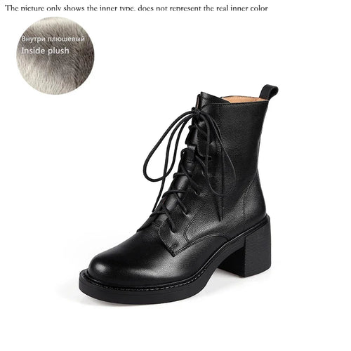 2026 Winter Genuine Leather Women Boots round Toe Thick Heel Lace up Fashion Ankle Boots Retro Boots Platform Shoes Heels Grown