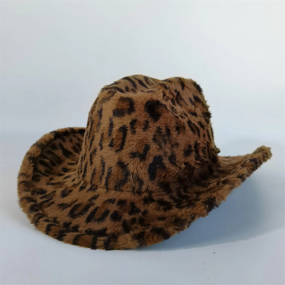 Sombrero vaquero elegante con estampado de leopardo y ala ancha; modelo de piel sintética para hombre y mujer, ideal para el invierno.