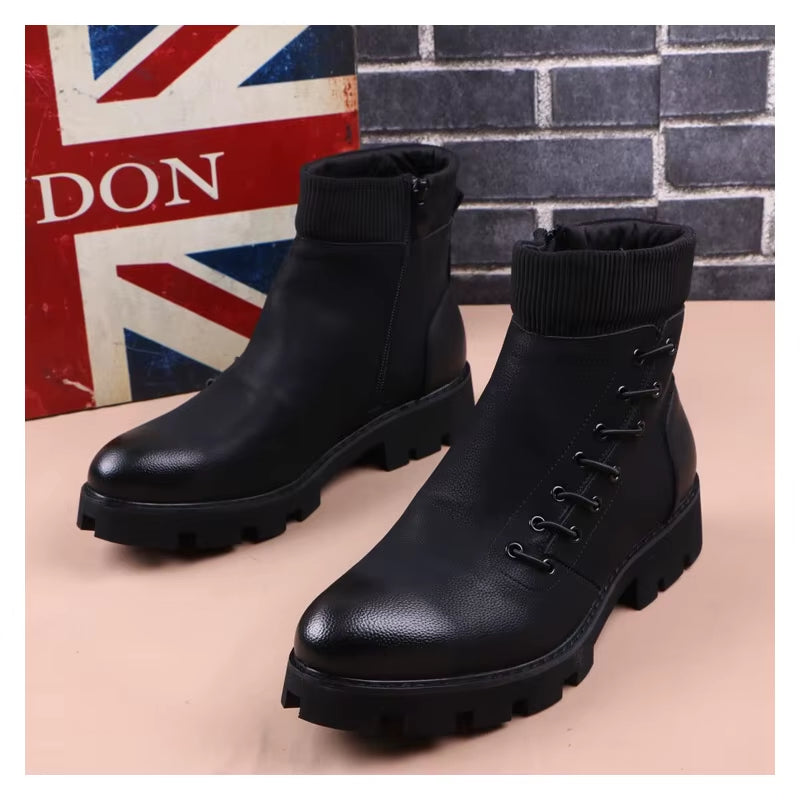 Italian Brand Designer Mens Leisure Cowboy Boots Natural Leather Platform Shoes Black Autumn Winter Ankle Boot Short Botas Male