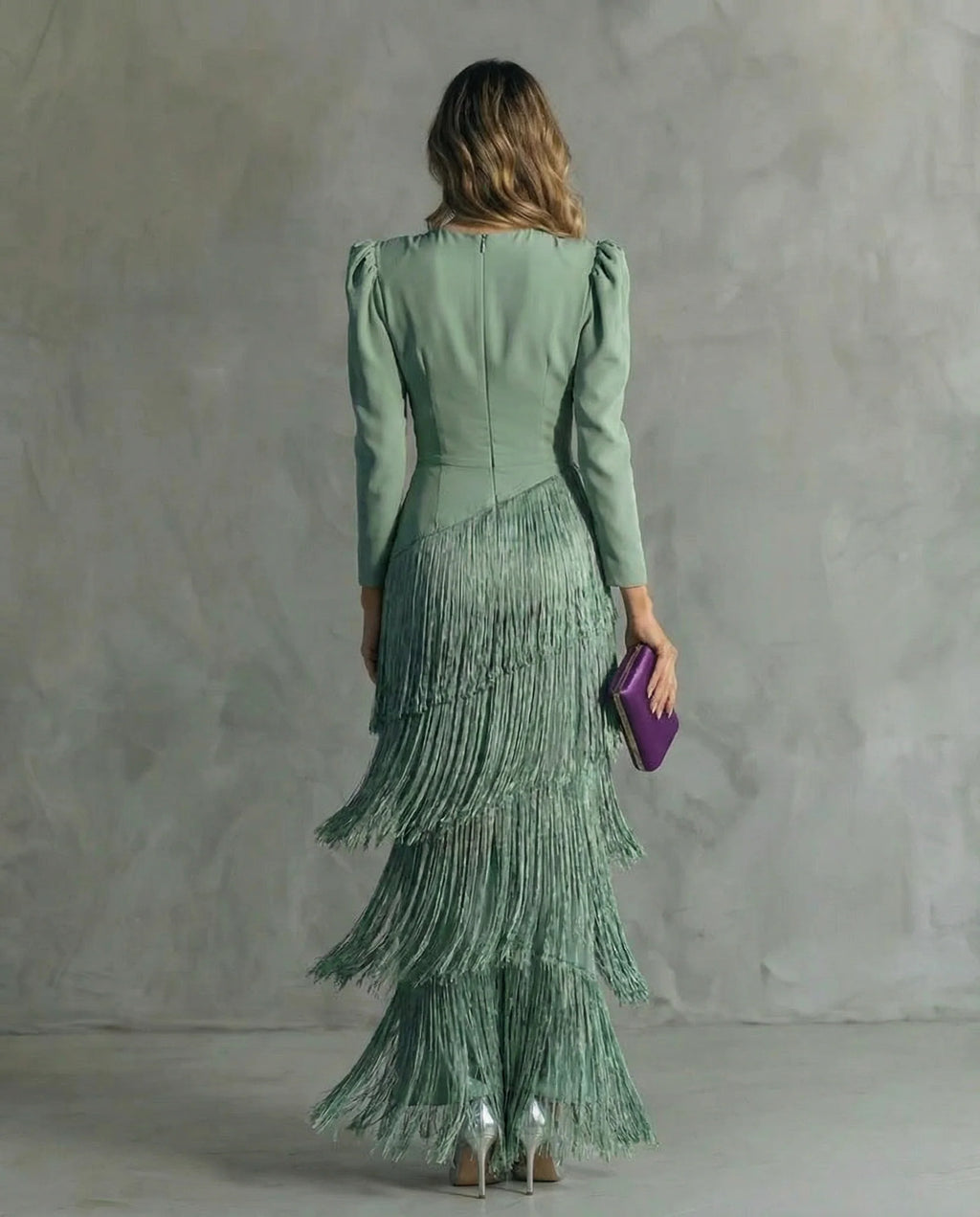 Vestido Mujer Midi Elegante Con Flecos – Vestido Manga Larga Sofisticado