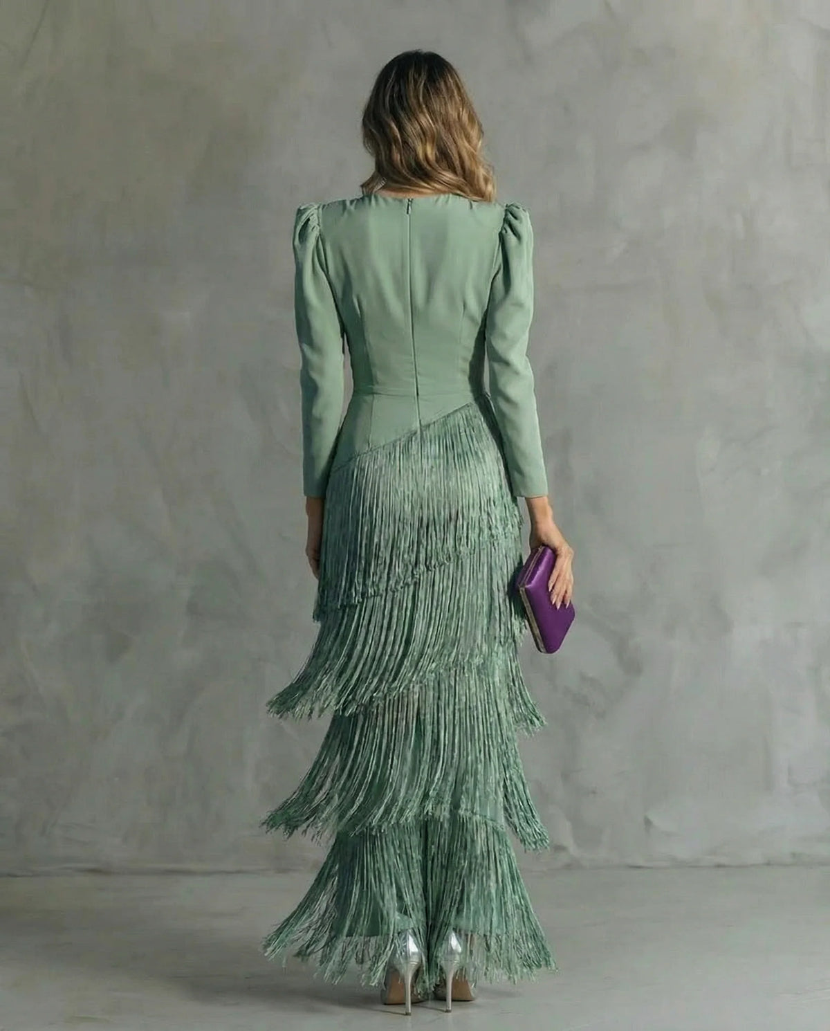 Vestido Mujer Midi Elegante Con Flecos – Vestido Manga Larga Sofisticado