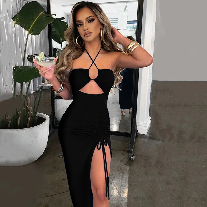 Vestido midi sexy para mujer, sin mangas y con espalda descubierta; estilo ajustado (bodycon) ideal para fiestas y discotecas.