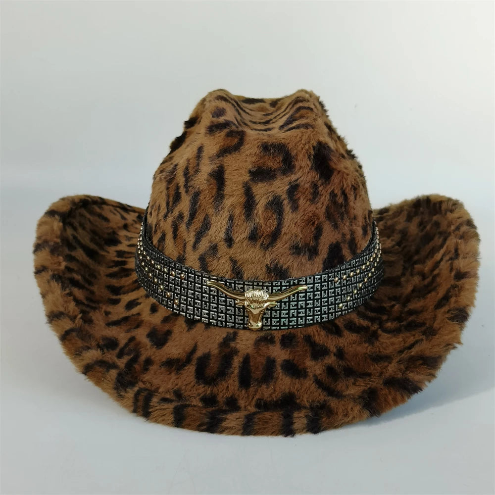 Sombrero vaquero elegante con estampado de leopardo y ala ancha; modelo de piel sintética para hombre y mujer, ideal para el invierno.