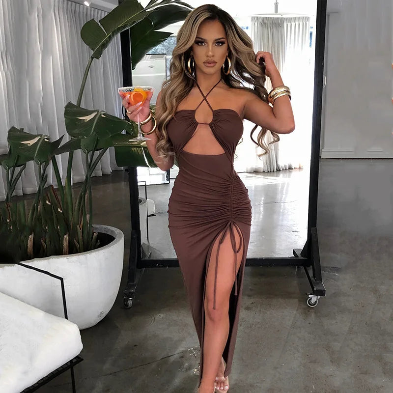 Vestido midi sexy para mujer, sin mangas y con espalda descubierta; estilo ajustado (bodycon) ideal para fiestas y discotecas.