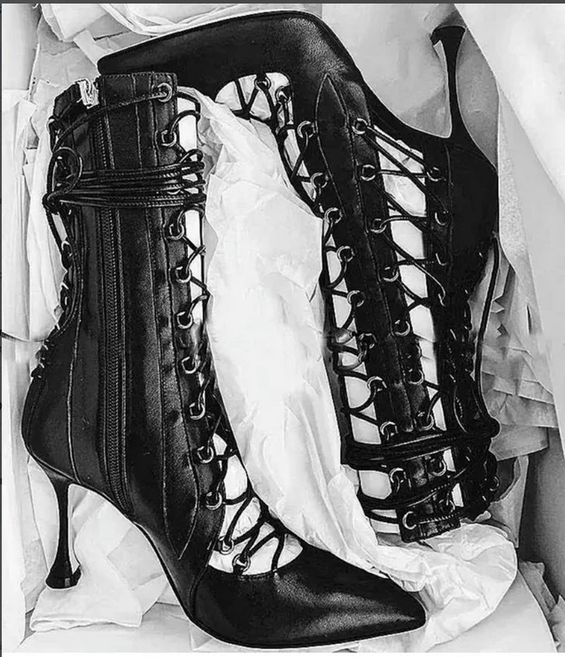 Women Sexy Black Pointed Toe Boots Female Cross-Tied High Heels Ankle Boots Girls Hollow Lace-Up Dress Solid Shoes