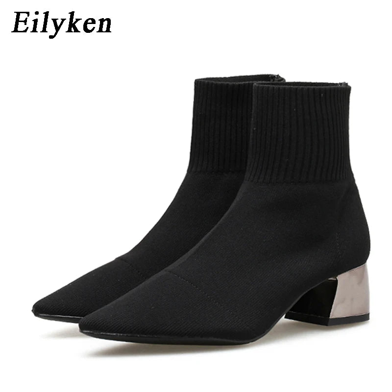 Eilyken Autumn Winter Knitted Stretch Fabric Socks Women Low Heel Short Boots Gray Pointed Toe Female Ankle Booties