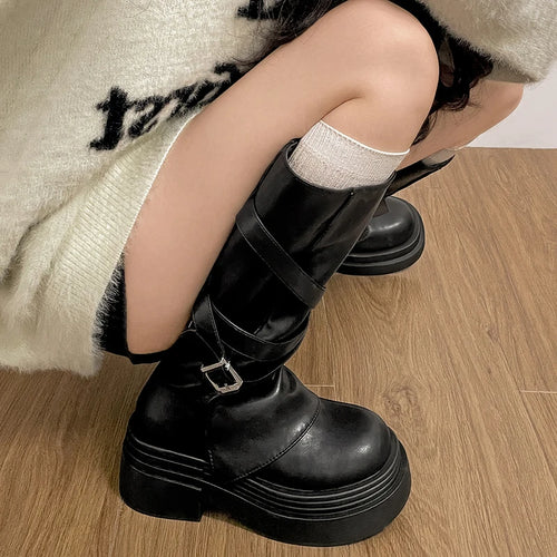 Botas altas estilo caballero para mujer, vintage, con tacón grueso y diseño sin cierres (slip-on); calzado de otoño-invierno.
