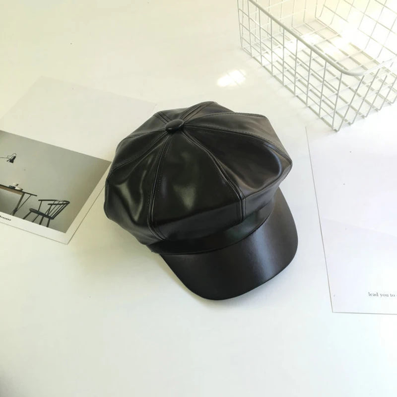 Leather Vintage Fashion Berets Painter Hat Autumn Winter Caps Male Female Casual Solid Color PU Leather Octagonal Cap