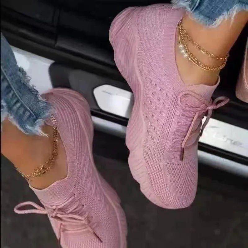 Zapatillas casuales y transpirables para mujer, estilo calcetín con cordones, planas y vulcanizadas, ideales para primavera y correr.