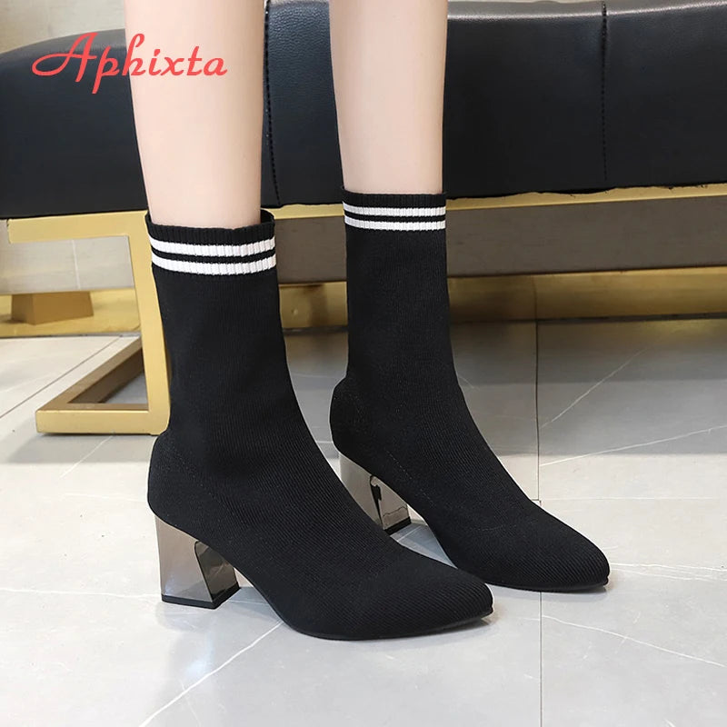 2022 New Fashion Ankle Boots Women Shoes Elastic Sock Boot Chunky High Heels Stretch Sexy Booties Pointed Toe plus 41 43