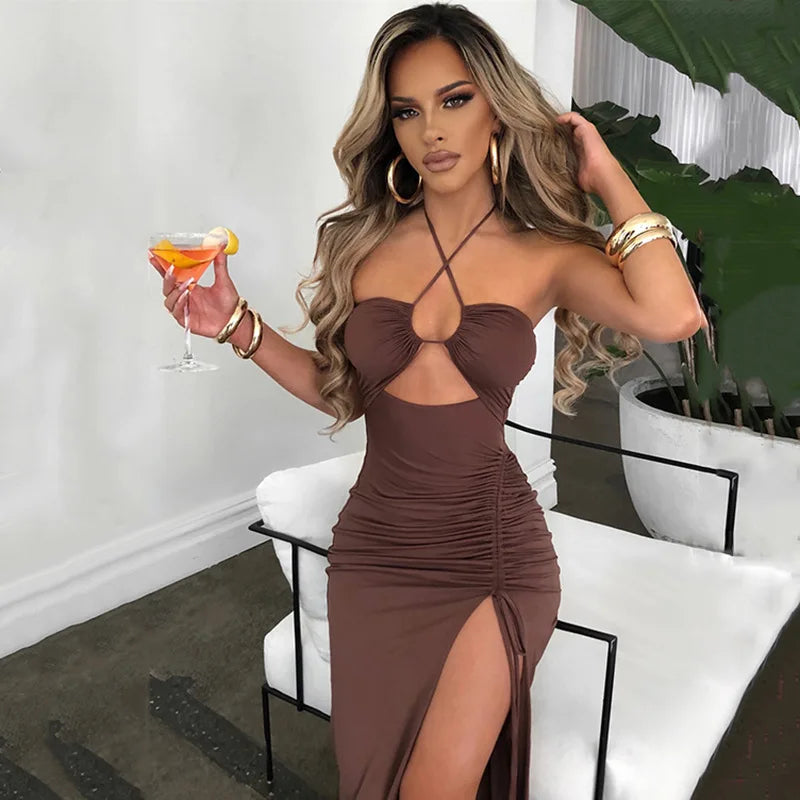 Vestido midi sexy para mujer, sin mangas y con espalda descubierta; estilo ajustado (bodycon) ideal para fiestas y discotecas.