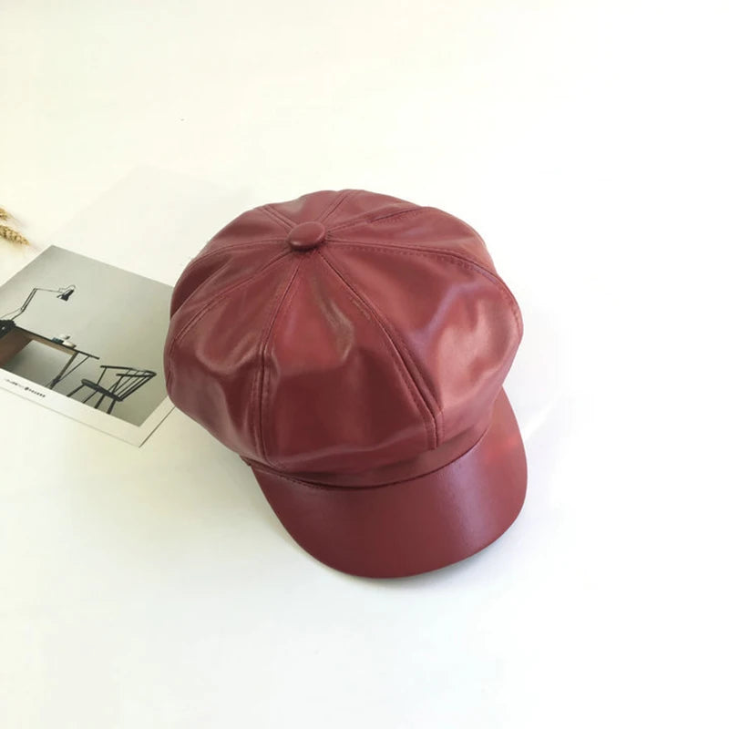 Leather Vintage Fashion Berets Painter Hat Autumn Winter Caps Male Female Casual Solid Color PU Leather Octagonal Cap