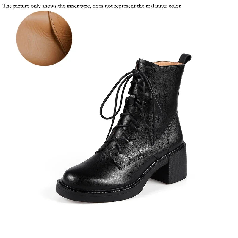 2026 Winter Genuine Leather Women Boots round Toe Thick Heel Lace up Fashion Ankle Boots Retro Boots Platform Shoes Heels Grown
