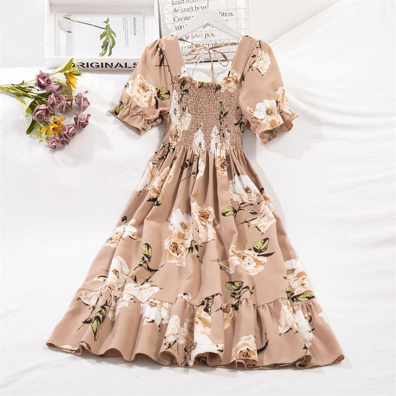 Vestido casual plisado de chifón para primavera-verano, con manga corta y cintura elástica; vestido estilo línea A para mujer.