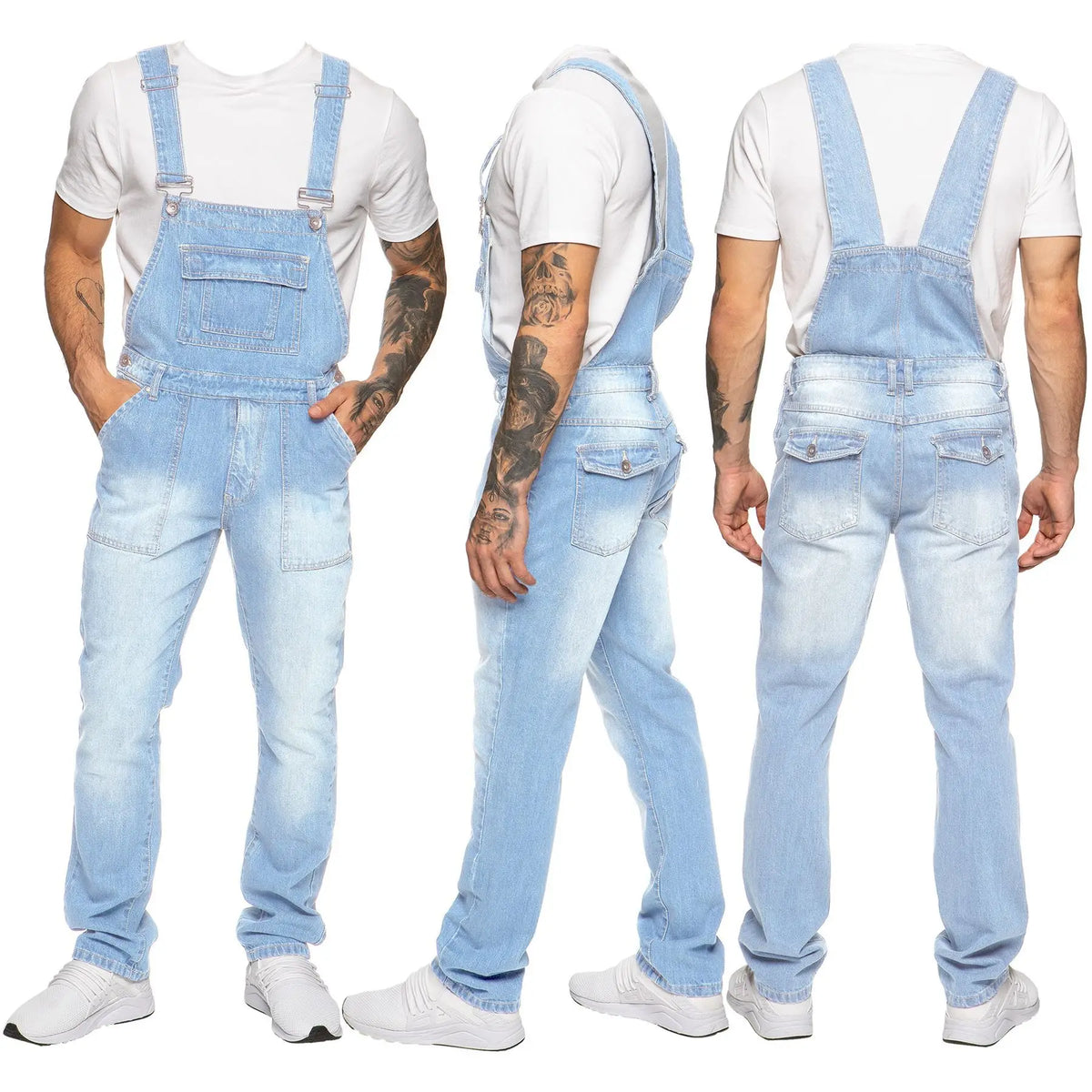 Peto vaquero casual para hombre, con múltiples bolsillos y corte ajustado elástico.