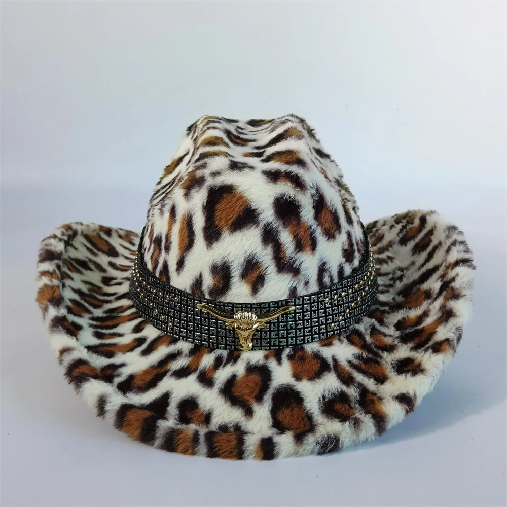 Sombrero vaquero elegante con estampado de leopardo y ala ancha; modelo de piel sintética para hombre y mujer, ideal para el invierno.