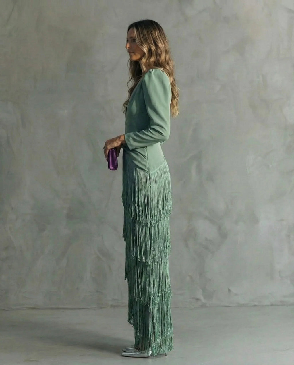 Vestido Mujer Midi Elegante Con Flecos – Vestido Manga Larga Sofisticado