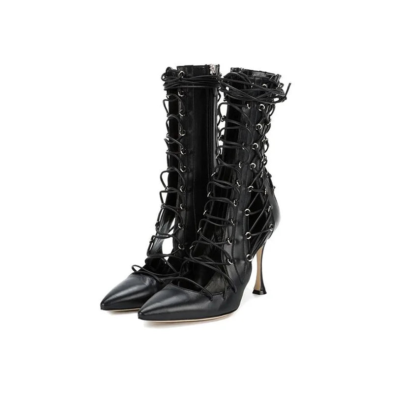 Women Sexy Black Pointed Toe Boots Female Cross-Tied High Heels Ankle Boots Girls Hollow Lace-Up Dress Solid Shoes