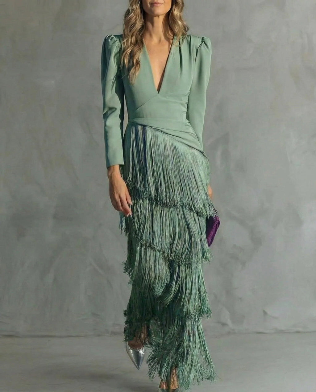 Vestido Mujer Midi Elegante Con Flecos – Vestido Manga Larga Sofisticado