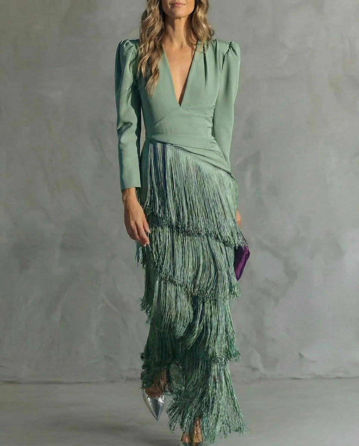 Vestido Mujer Midi Elegante Con Flecos – Vestido Manga Larga Sofisticado
