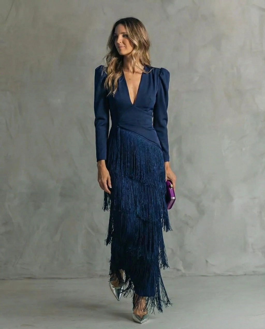 Vestido Mujer Midi Elegante Con Flecos – Vestido Manga Larga Sofisticado