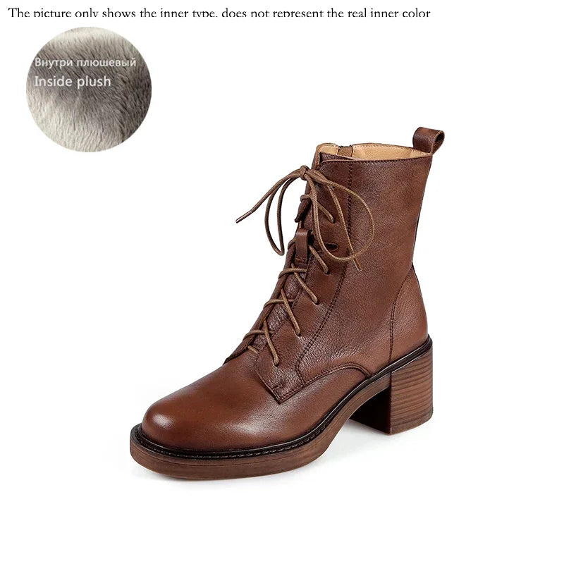 2026 Winter Genuine Leather Women Boots round Toe Thick Heel Lace up Fashion Ankle Boots Retro Boots Platform Shoes Heels Grown