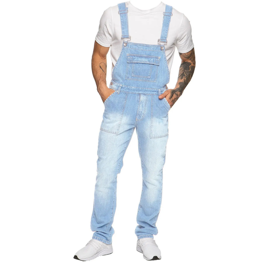 Peto vaquero casual para hombre, con múltiples bolsillos y corte ajustado elástico.