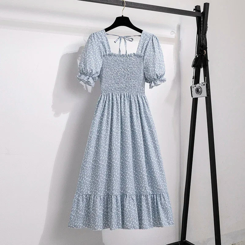 Vestido casual plisado de chifón para primavera-verano, con manga corta y cintura elástica; vestido estilo línea A para mujer.