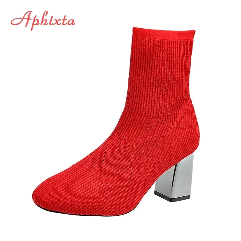2022 New Fashion Ankle Boots Women Shoes Elastic Sock Boot Chunky High Heels Stretch Sexy Booties Pointed Toe plus 41 43