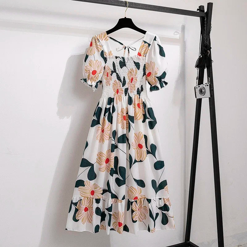 Vestido casual plisado de chifón para primavera-verano, con manga corta y cintura elástica; vestido estilo línea A para mujer.
