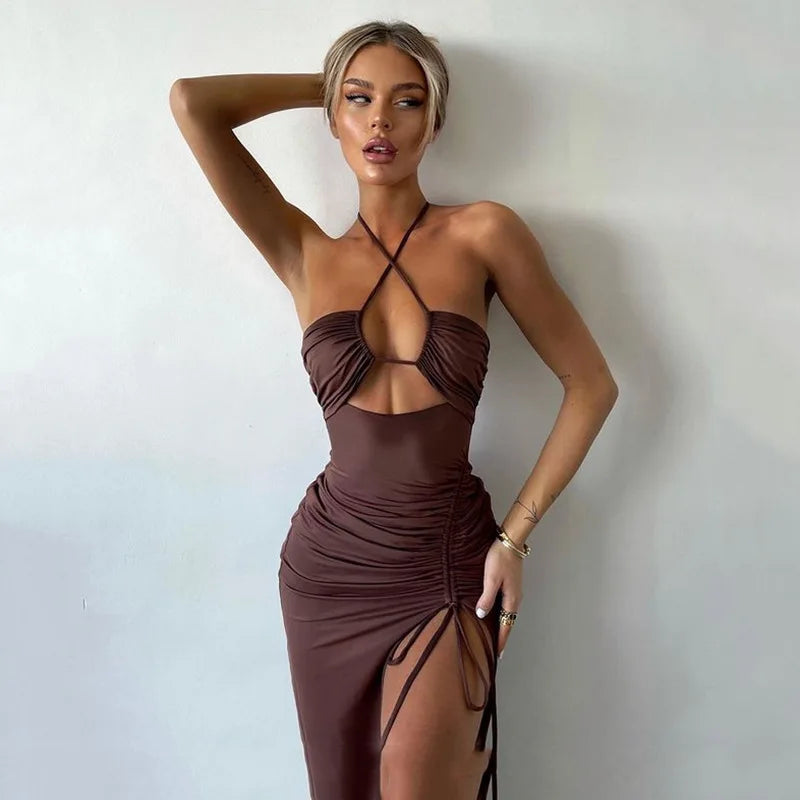 Vestido midi sexy para mujer, sin mangas y con espalda descubierta; estilo ajustado (bodycon) ideal para fiestas y discotecas.